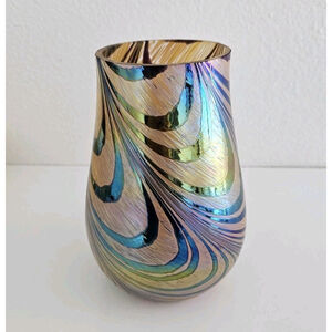 Teleflora Swirl Iridescent Blue Green Purple Gold Vase Modern Art Glass 7"